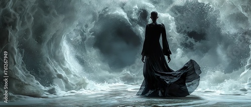 A Girl Walking Through The Waves Of The Future Sea. Illustration On The Theme Of Mysticism And Fantasy, Man And The Environment.  Generative AI photo