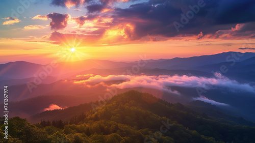 Majestic sunrise over misty mountains, an art by AI Generative.