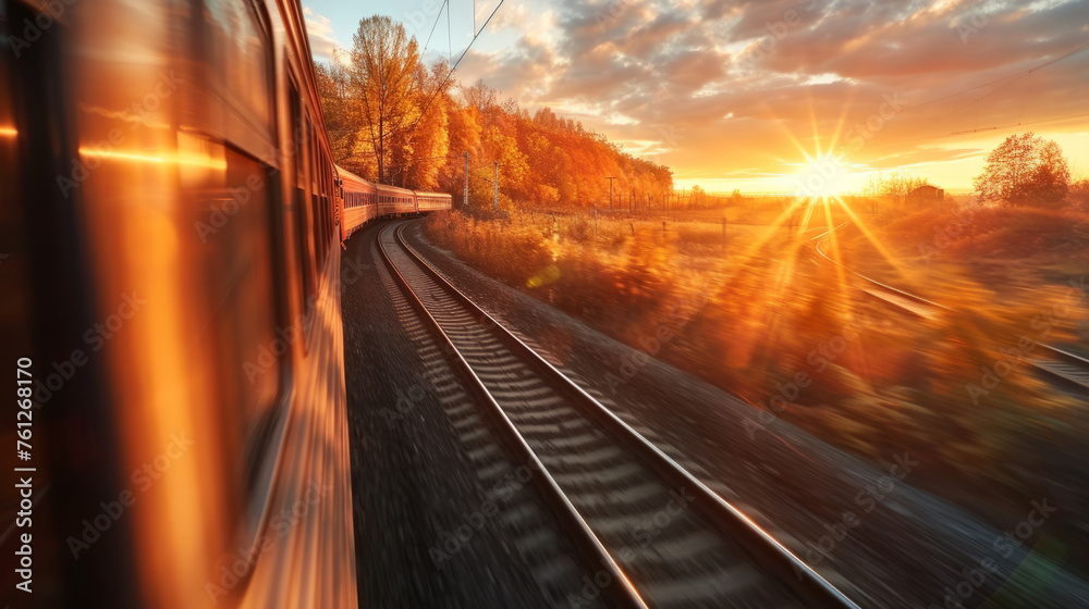 A train speeds through the countryside at sunset with the warmth of the sun casting a golden glow over the scene, reflecting off the side of the train and highlighting the autumnal trees.