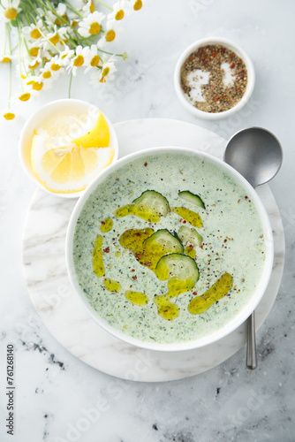 Homemade cold yogurt soup with cucumber