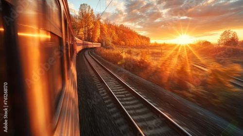 A train speeds through the countryside at sunset with the warmth of the sun casting a golden glow over the scene, reflecting off the side of the train and highlighting the autumnal trees.