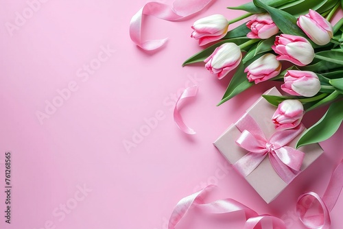 Pink Tulips and Gift Box with Ribbon on Pastel Background