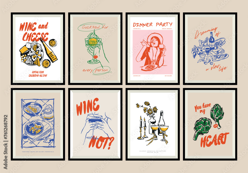 Obraz premium Minimalist hand drawn food and drink vector illustration collection. Matisse style art. Art for print poster, postcards, branding, logo design, background. 