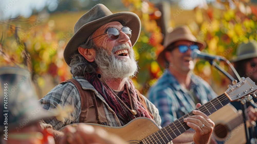 An elderly man with a beard joyfully playing an acoustic guitar outdoors. He's wearing a hat and sunglasses with vineyards in the background, indicating a festive event or gathering.