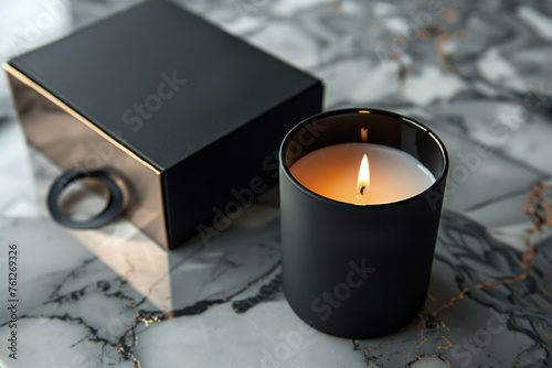 Luxurious black scented candle with a black box next to it on a marble table close-up 