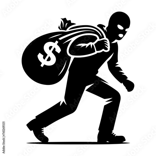Masked robber carrying bag of stolen items simple black vector silhouette icon, flat style icon, symbol white background