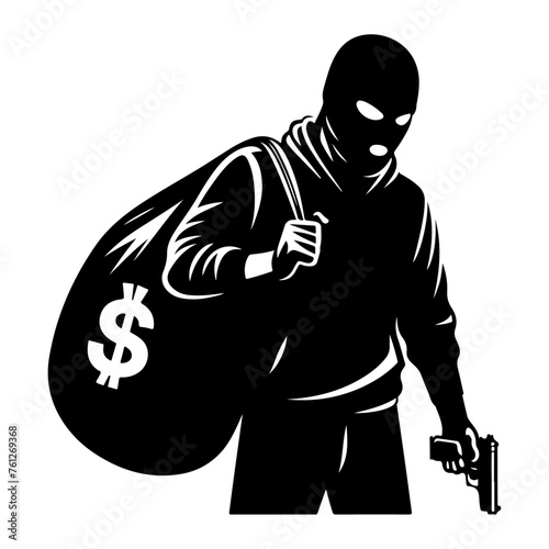Masked robber carrying bag of stolen items simple black vector silhouette icon, flat style icon, symbol white background