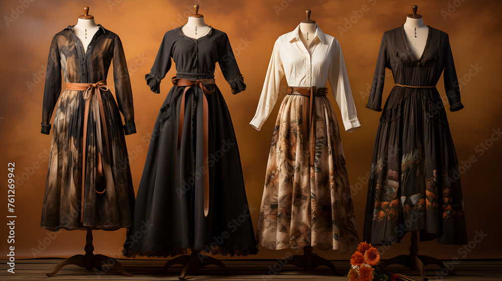 Fototapeta premium Women's long dresses on mannequins in vintage style. The concept of shopping and renting retro clothes