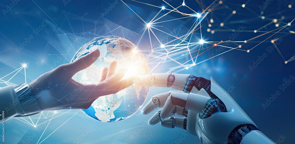 A human hand and robot finger touch each other, digital connections ...