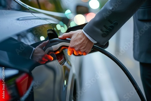 close up of a hands of a businessman using an electric car charger, electric car charging
