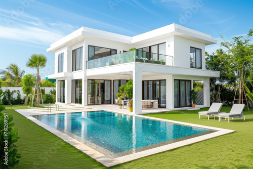 Modern house with swimming pool and garden in front of the villa on island, summer vacation background concept © Kien