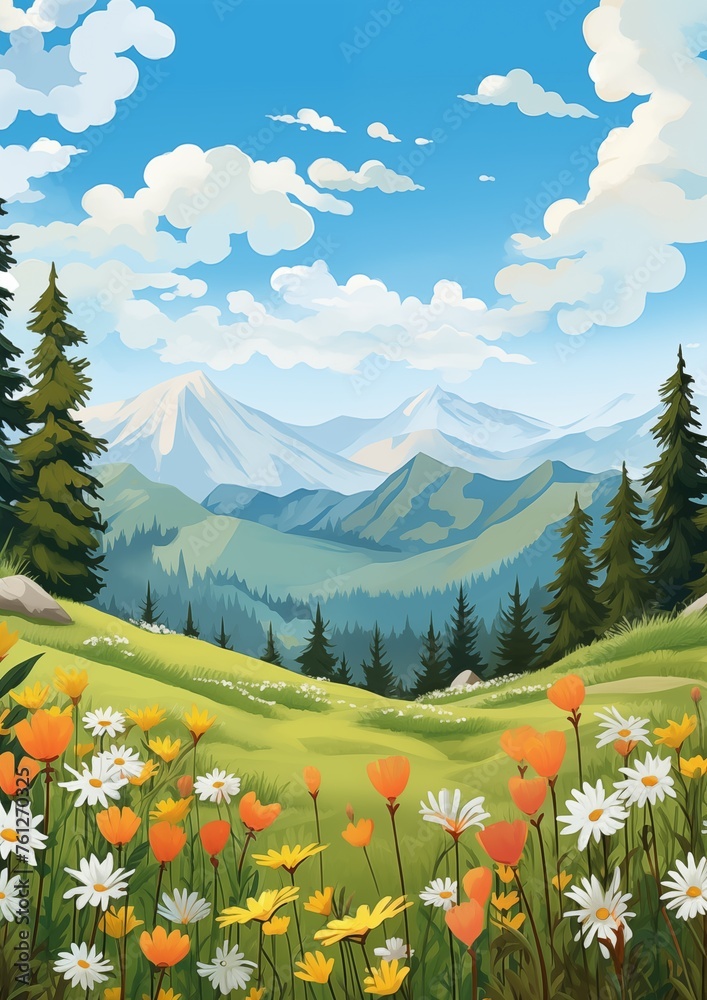 Summer Mountains Meadows Illustration