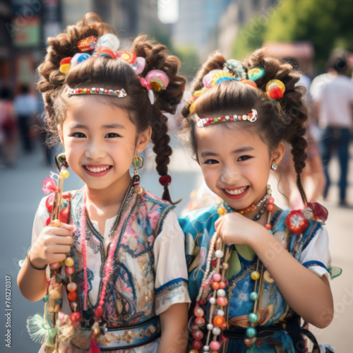 Joyful Asian Girls in Traditional Attire