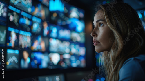 A woman attentively observes multiple screens displaying various types of information, with a focus on her profile against the illuminated, blue-toned monitors.