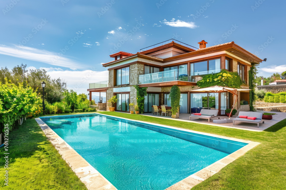 Modern house with swimming pool and garden in front of the villa on island, summer vacation background concept