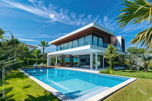 Modern house with swimming pool and garden in front of the villa on island, summer vacation background concept © Kien