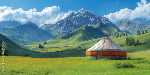 traditional nomadic yurt in a meadow in highlands against the background of mountains photo