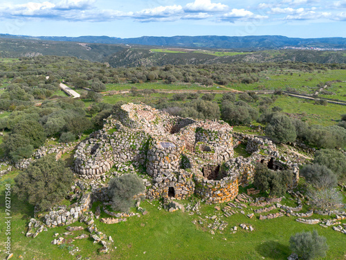 Aerial view with drone of the Nuragic archaeological complex of Nuraghe Arrubiu, Orroli. Monument with 5 towers. Orroli, Sardinia, Italy photo