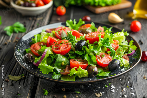 Fresh Italian salad on a black plate of sliced cherry tomatoes, lettuce leaves and olives