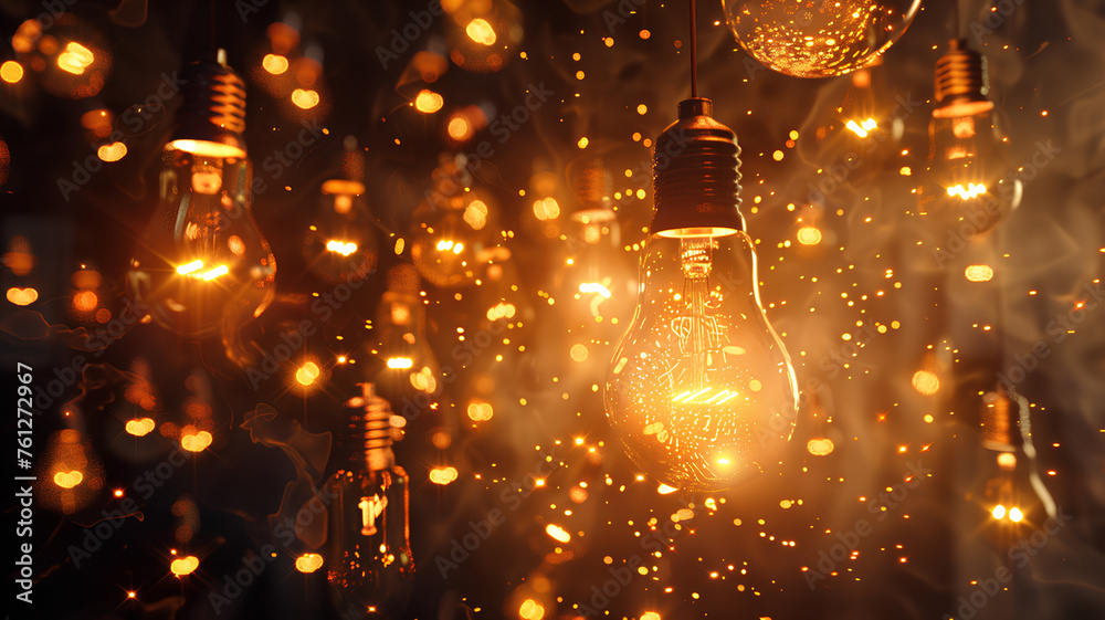 Obraz premium Incandescent Light Bulbs Glowing with Sparks . Multiple incandescent light bulbs hanging with glowing filaments and flying sparks, create a warm and dynamic atmosphere. 
