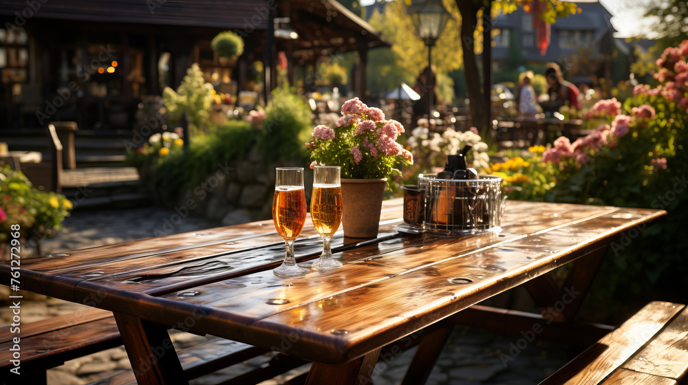 Close-up of beer glass standing on the table of the outdoor terrace of a bayern pub. Close-up of beer glass standing on the table of the outdoor terrace of a bayern pub.