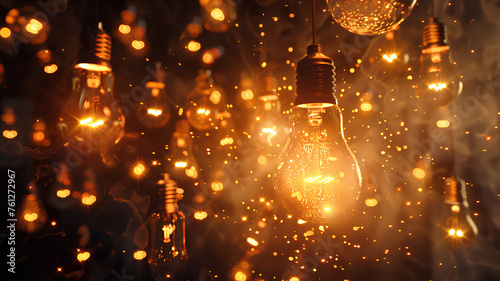 Incandescent Light Bulbs Glowing with Sparks
. Multiple incandescent light bulbs hanging with glowing filaments and flying sparks, create a warm and dynamic atmosphere.
