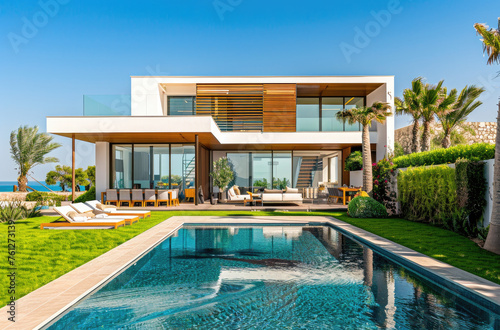 Modern tropical villa with pool and garden, panoramic view of the front yard, interior design of a modern living room in white color, bright lighting, blue sky © Kien