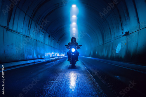 A motorcyclist in a blue-lit tunnel at night.