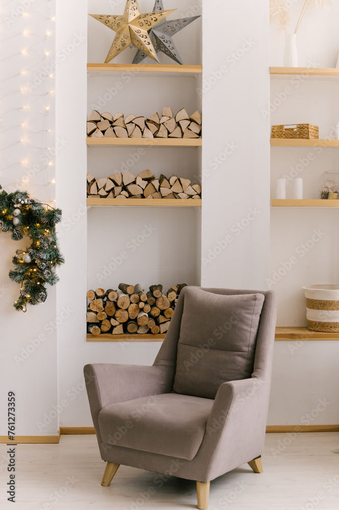 New Year's decor, a white room with a fireplace decorated for Christmas