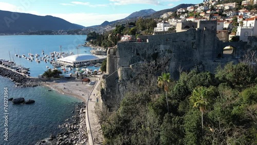 Drone flies over Forte Mare fortress in Herceg Novi, Montenegro, Aerial view