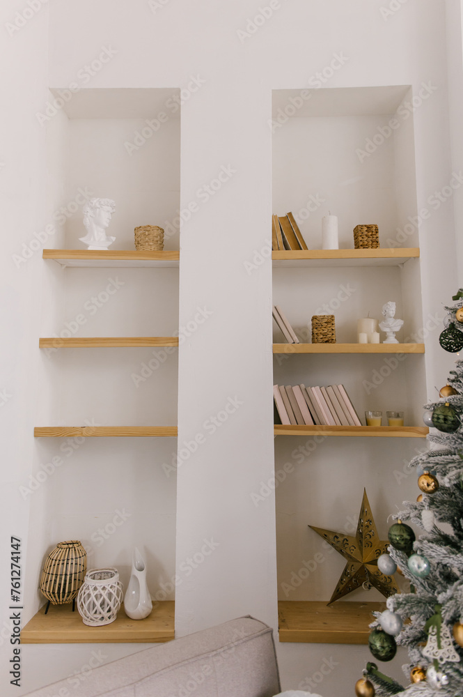 Beautiful minimalistic interior, bookshelf and decor