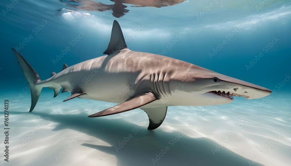 A Hammerhead Shark Hunting In A Fast Moving Curren - obrazy, fototapety, plakaty 