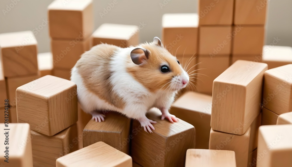 A Hamster Climbing Up A Stack Of Wooden Blocks