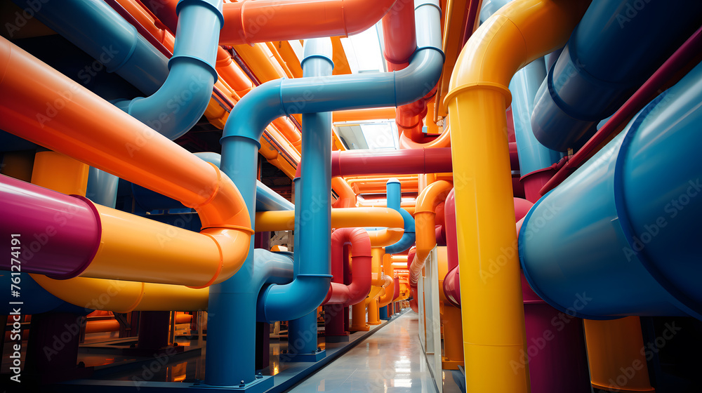 Bright colorful pipes in an industrial plant background