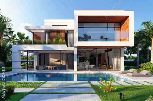 Modern tropical villa with pool and garden, panoramic view of the front yard, interior design of a modern living room in white color, bright lighting, blue sky © Kien