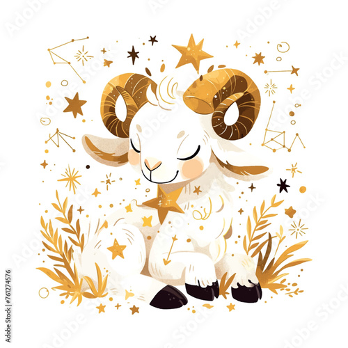 zodiac sign Aries with golden stars illustration on white background