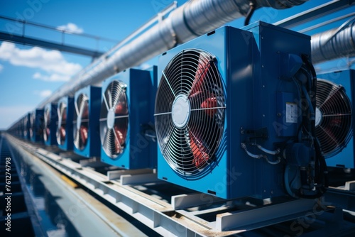 industrial air conditioning system on a rooftop, featuring a large fan and a network of pipes.This will be a great opportunity to showcase the intricate details and functionality of the system
