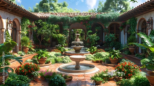 a Western-style courtyard garden, with elegant stone paving, cascading ivy, and classical statuary, rendered in cinematic 16k detail.