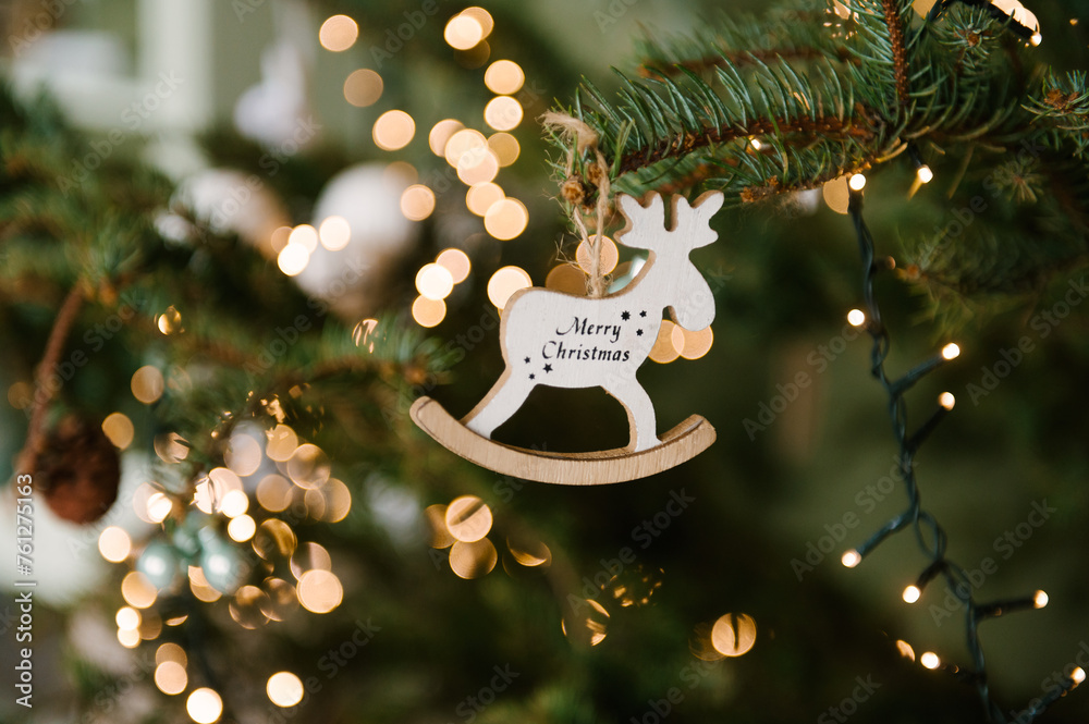 Beautiful handmade Christmas toys on the Christmas tree close-up