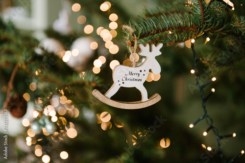 Beautiful handmade Christmas toys on the Christmas tree close-up
