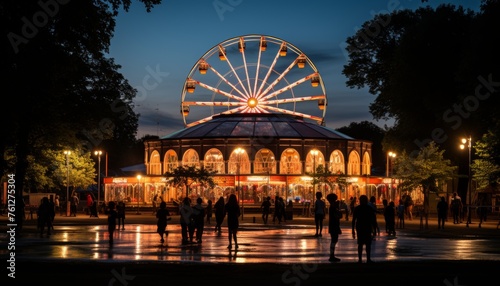 the vibrant atmosphere of a carnival at dusk, with the ferris wheel illuminated against the twilight sky, and families delighting in the rides and games