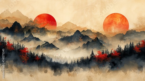 Artistic background with abstract landscape painting, Chinese style, mood landscape painting, golden texture. Modern Art. Prints, wallpapers, posters, murals, carpets.