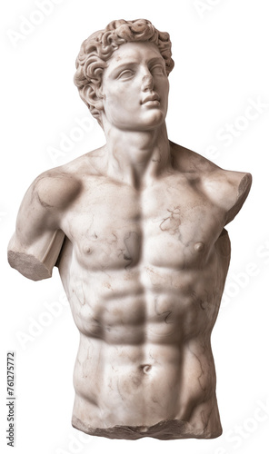 Historical vintage statue with cracks on an isolated transparent background