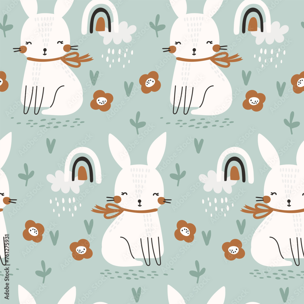 Seamless pattern with cute bunny. Vector - obrazy, fototapety, plakaty 