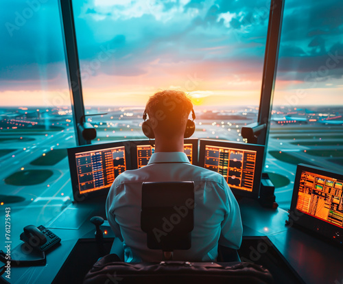Air traffic controller in tower at sunset, airport operations. © henjon