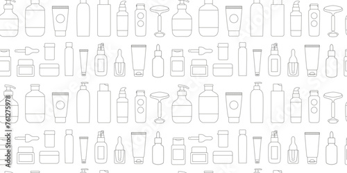 Black and white outline skin care cosmetics seamless pattern. Natural eco cosmetics. Beauty routine. Bottles, jars, tubes. Background, wrapping paper.