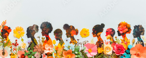 A cluster of birds gracefully sits atop a lush field of vibrant flowers, creating a beautiful contrast between natures avian and floral beauties. 8 March. Mother's Day. Banner. Copy space photo