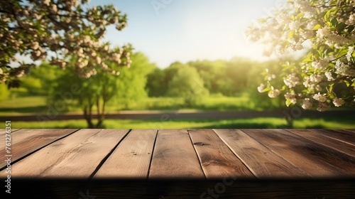 wooden table with green plant on blurred background of trees