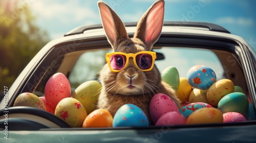 rabbit with easter eggs in traveling by car