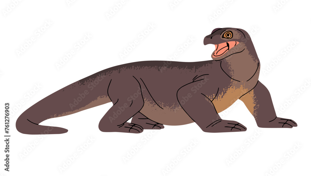 Monitor lizard. Komodo dragon opens mouth. Venomous big exotic reptile. Poisonous tropical animal. Dangerous beast of rainforest. African fauna. Flat isolated vector illustration on white background